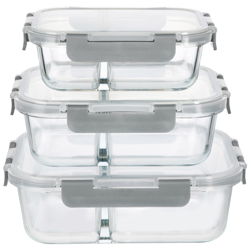 Pojemniki szklane z przegrodą dwukomorowe GierekHoff Split zestaw 3 pojemników 570/980/1360 ml lunchbox hermetyczne GH 1105