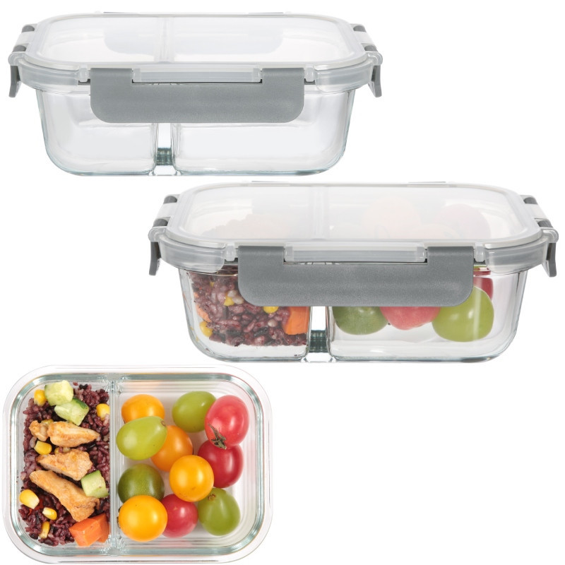 Pojemniki szklane z przegrodą dwukomorowe GierekHoff Split zestaw 3 pojemników 570/980/1360 ml lunchbox hermetyczne GH 1105