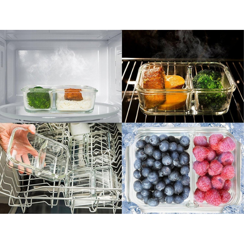 Pojemniki szklane z przegrodą dwukomorowe GierekHoff Split zestaw 3 pojemników 570/980/1360 ml lunchbox hermetyczne GH 1105