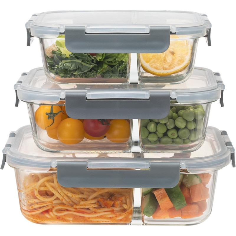 Pojemniki szklane z przegrodą dwukomorowe GierekHoff Split zestaw 3 pojemników 570/980/1360 ml lunchbox hermetyczne GH 1105
