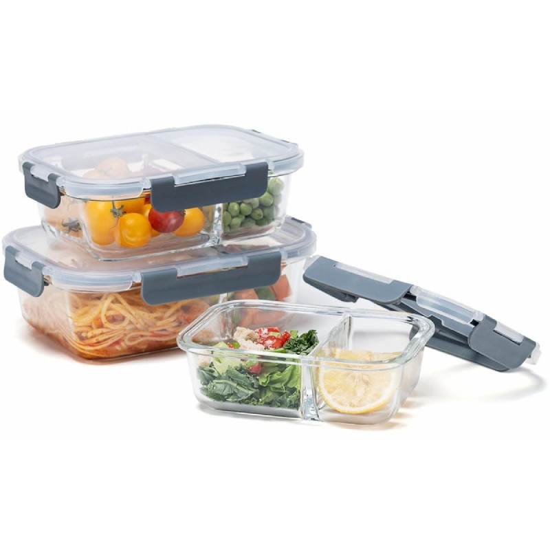 Pojemniki szklane z przegrodą dwukomorowe GierekHoff Split zestaw 3 pojemników 570/980/1360 ml lunchbox hermetyczne GH 1105