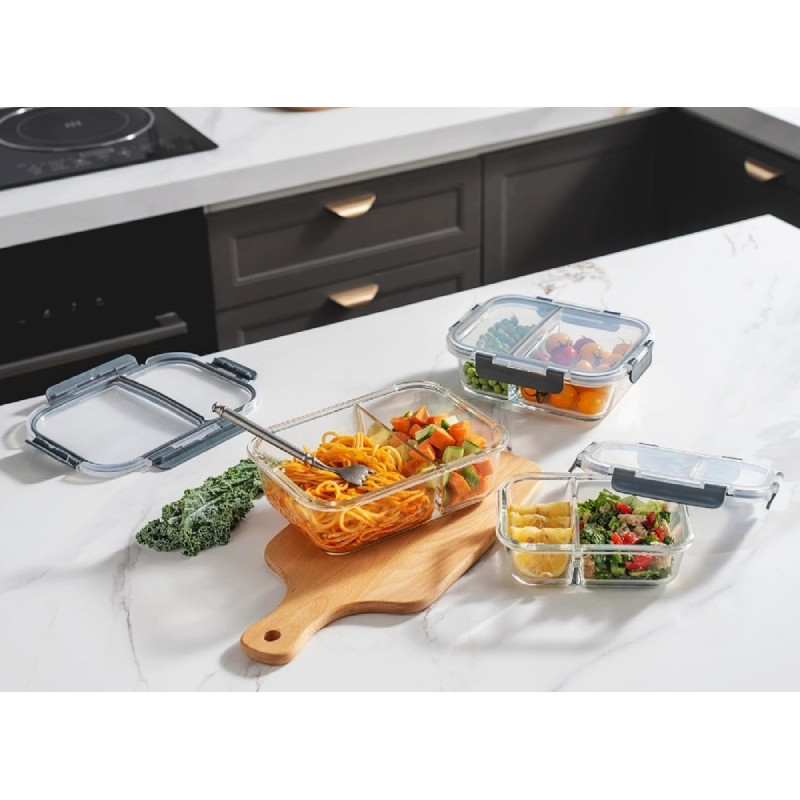 Pojemniki szklane z przegrodą dwukomorowe GierekHoff Split zestaw 3 pojemników 570/980/1360 ml lunchbox hermetyczne GH 1105