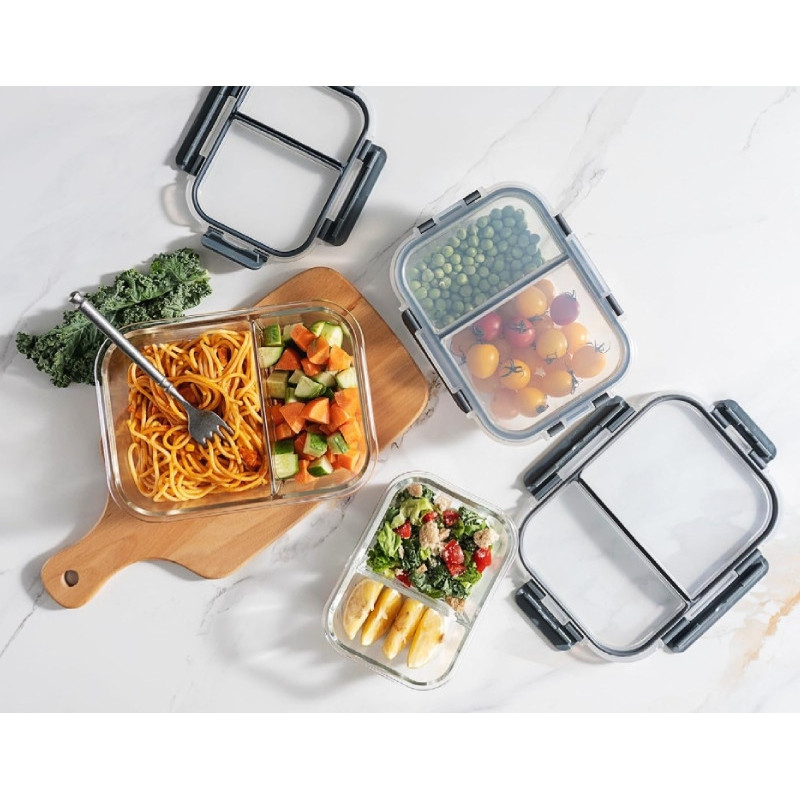Pojemniki szklane z przegrodą dwukomorowe GierekHoff Split zestaw 3 pojemników 570/980/1360 ml lunchbox hermetyczne GH 1105