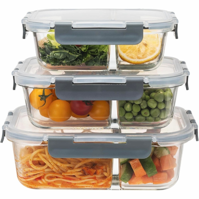Pojemniki szklane z przegrodą dwukomorowe GierekHoff Split zestaw 3 pojemników 570/980/1360 ml lunchbox hermetyczne GH 1105