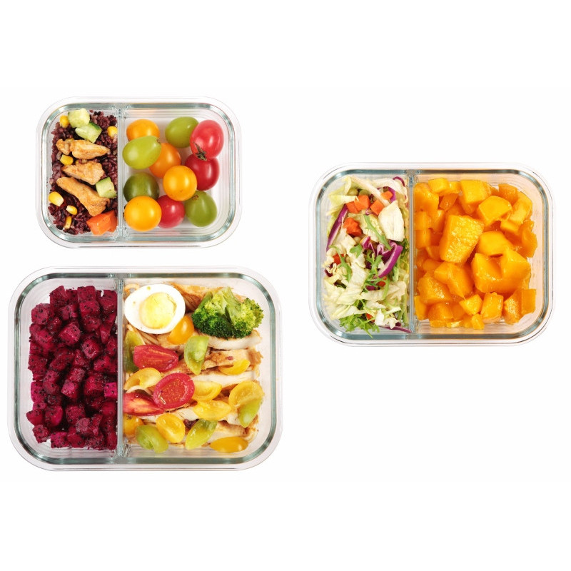 Pojemniki szklane z przegrodą dwukomorowe GierekHoff Split zestaw 3 pojemników 570/980/1360 ml lunchbox hermetyczne GH 1105