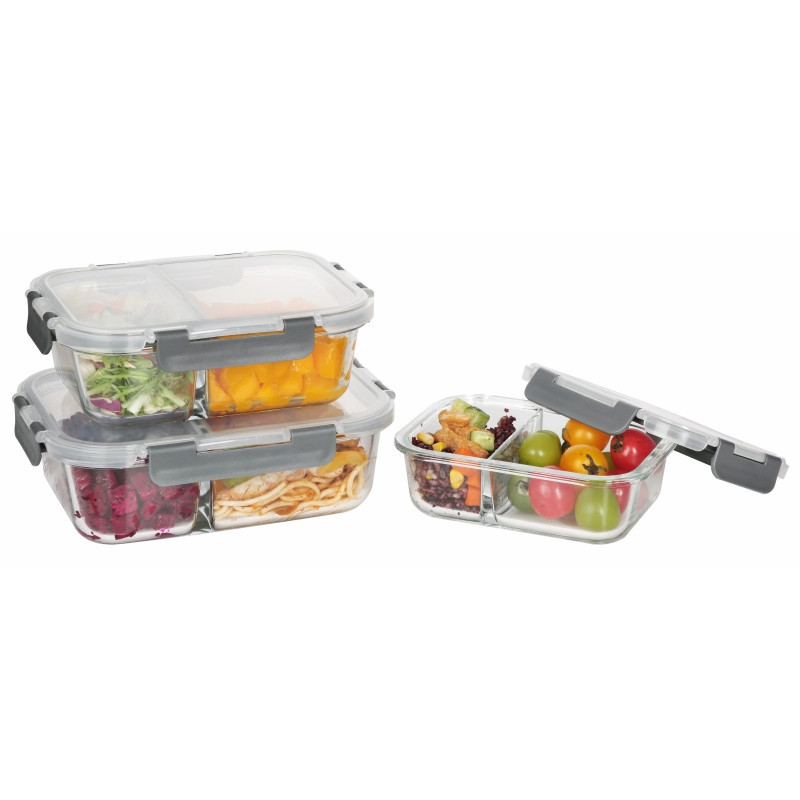 Pojemniki szklane z przegrodą dwukomorowe GierekHoff Split zestaw 3 pojemników 570/980/1360 ml lunchbox hermetyczne GH 1105