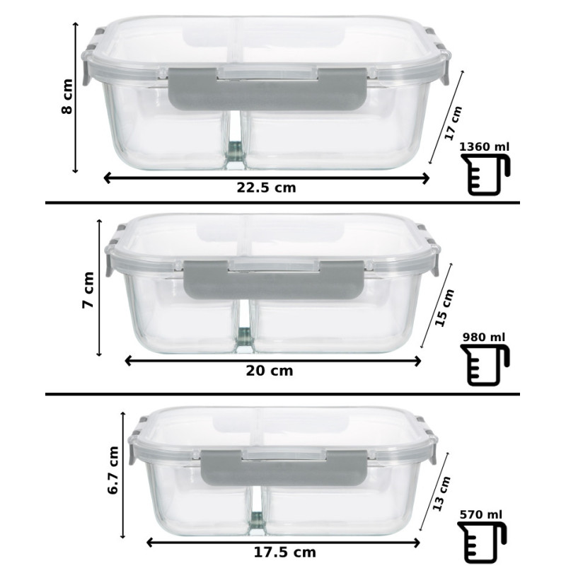 Pojemniki szklane z przegrodą dwukomorowe GierekHoff Split zestaw 3 pojemników 570/980/1360 ml lunchbox hermetyczne GH 1105