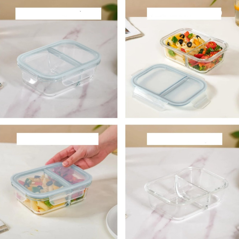 Pojemniki szklane dzielone dwukomorowe Florina Frigo 600 ml zestaw 3 sztuki prostokątne lunchbox hermetyczne
