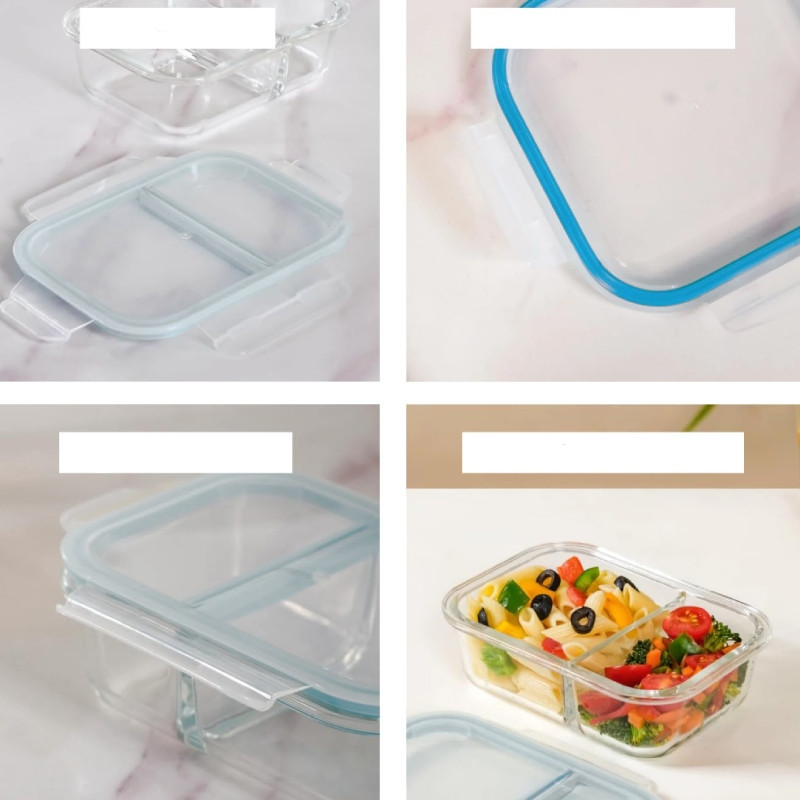 Pojemniki szklane dzielone dwukomorowe Florina Frigo 600 ml zestaw 3 sztuki prostokątne lunchbox hermetyczne