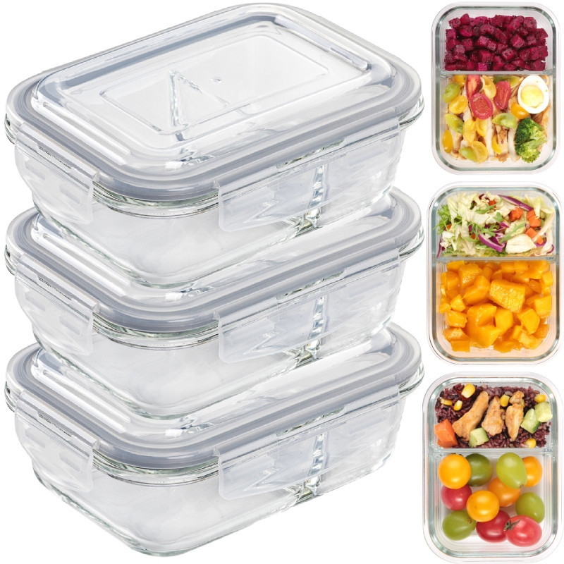Pojemniki szklane dzielone dwukomorowe Florina Frigo 600 ml zestaw 3 sztuki prostokątne lunchbox hermetyczne