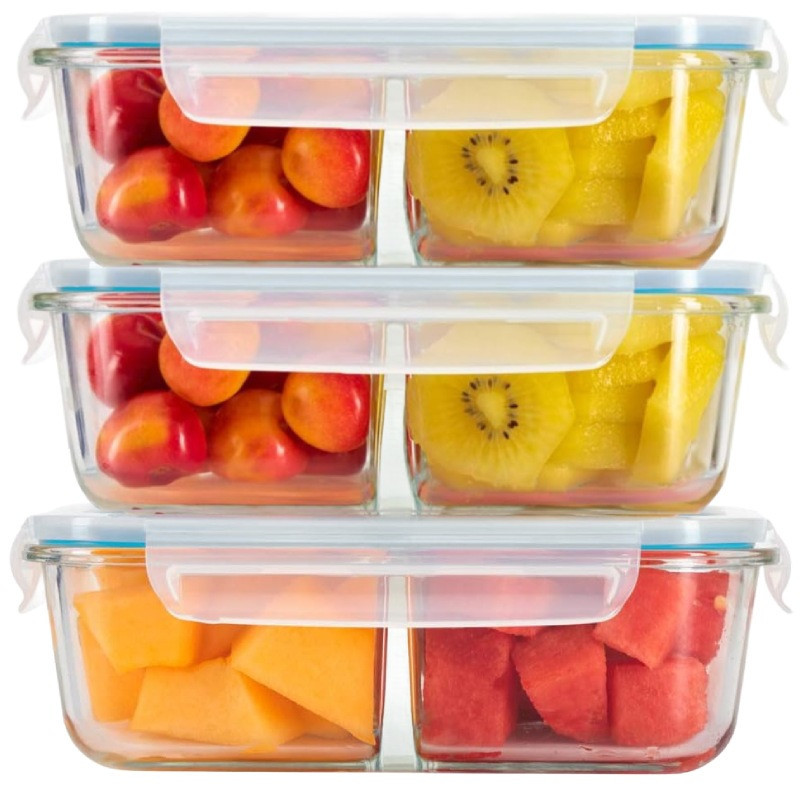 Pojemniki szklane dzielone dwukomorowe Florina Frigo 600 ml zestaw 3 sztuki prostokątne lunchbox hermetyczne
