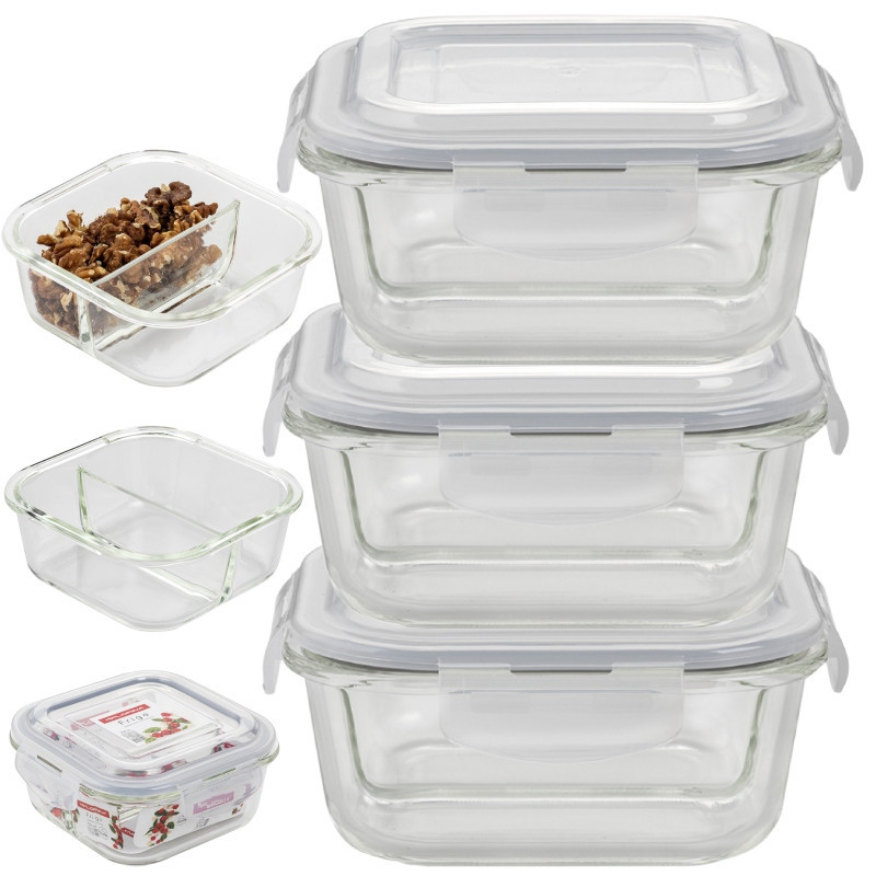 Pojemniki szklane dzielone dwukomorowe Florina Frigo 750 ml zestaw 3 sztuki kwadratowe lunchbox hermetyczne