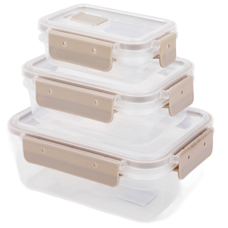 Pojemniki plastikowe prostokątne lunchbox MG Home Misto zestaw 3 sztuki hermetyczne 1350/600/250 ml beżowe