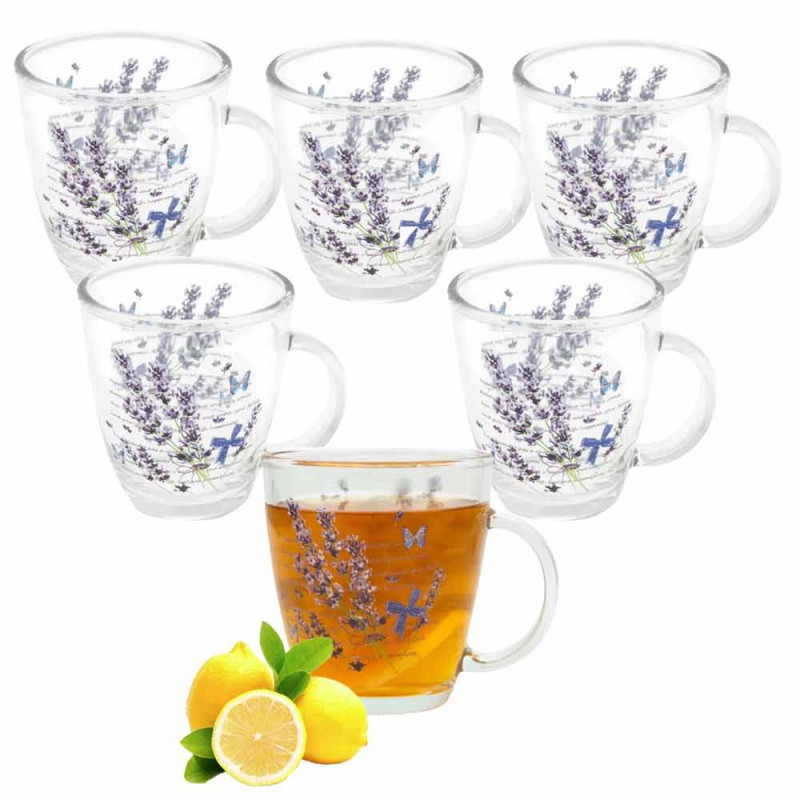 Kubki szklane 365 ml Lawenda zestaw 6 sztuk szklanka z uchwytem Tragar TR-A2411