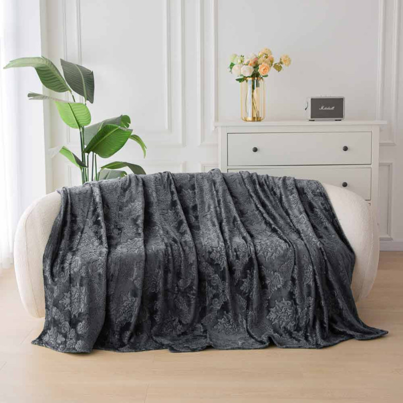 Koc 160x200 cm mikrofibra Cotton World miękki ciepły pled narzuta na łóżko ciemno szary wytłaczany wzór KHP-45