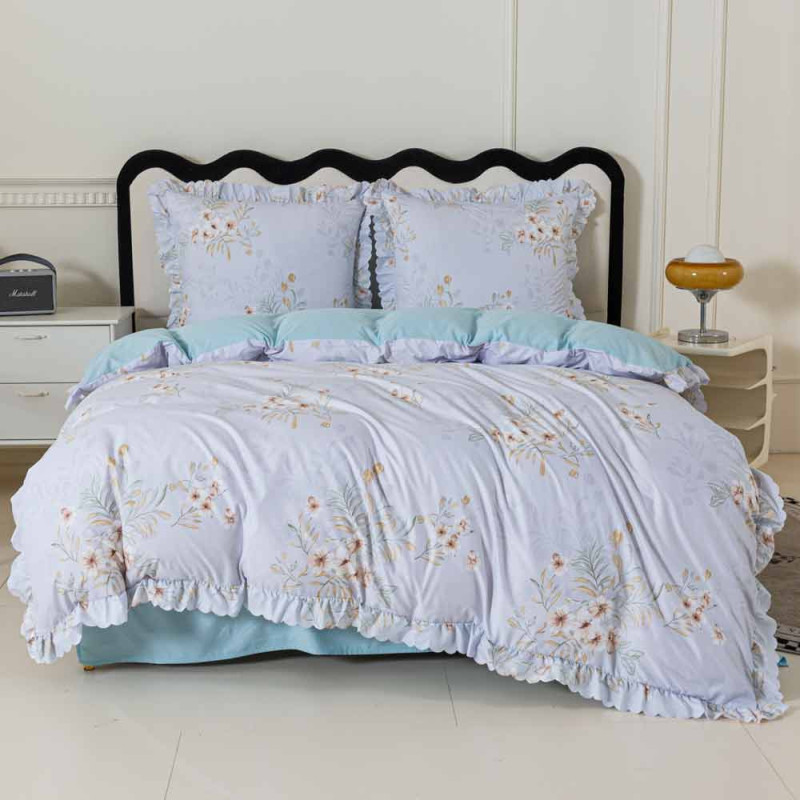 Pościel z falbanką 160x200 mikrofibra Cotton World 3 części niebieska w kwiaty 2905