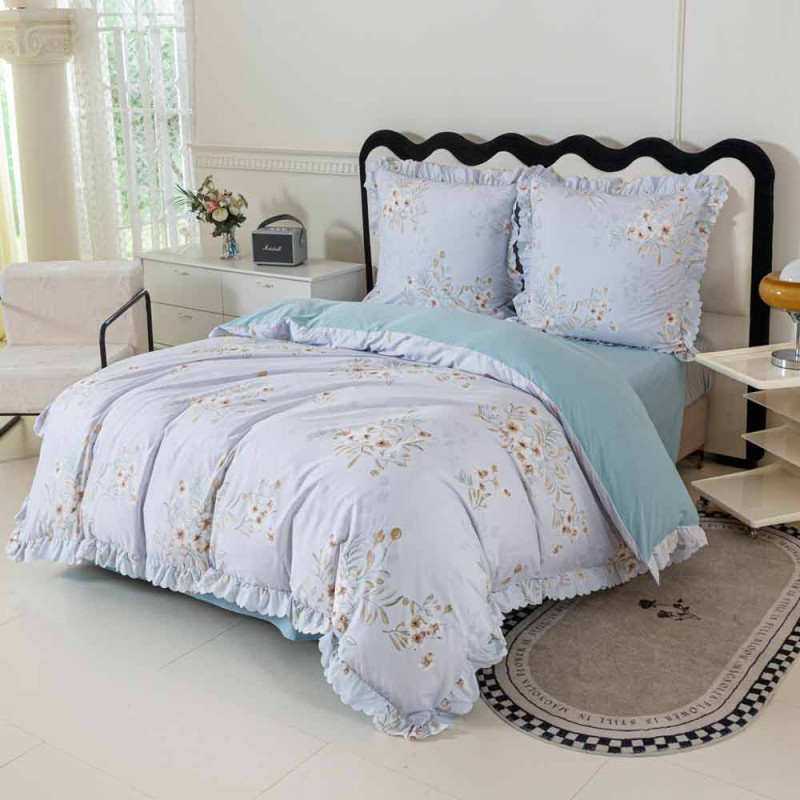 Pościel z falbanką 160x200 mikrofibra Cotton World 3 części niebieska w kwiaty 2905