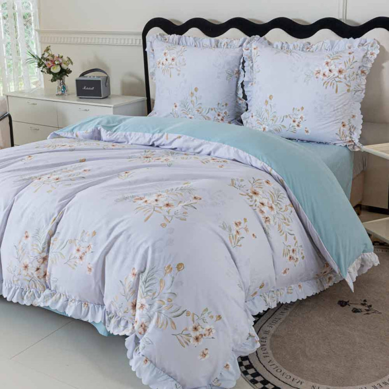 Pościel z falbanką 160x200 mikrofibra Cotton World 3 części niebieska w kwiaty 2905