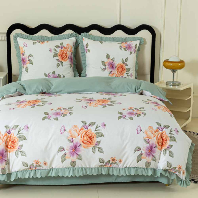 Pościel z falbanką 160x200 mikrofibra Cotton World 3 części zielona w kwiaty 2910