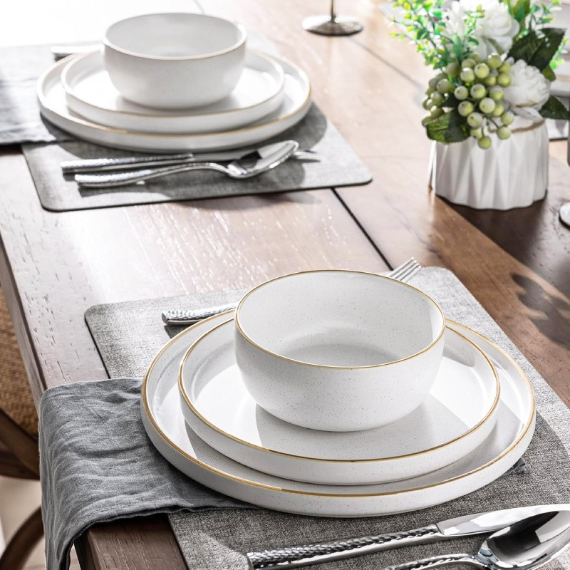 Serwis obiadowy porcelanowy MG Home Artena 28 elementów zestaw talerzy misek kubków dla 6 osób nakrapiany