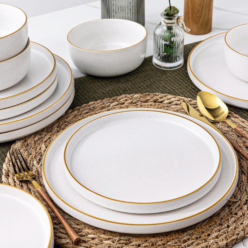 Serwis obiadowy porcelanowy MG Home Artena 28 elementów zestaw talerzy misek kubków dla 6 osób nakrapiany