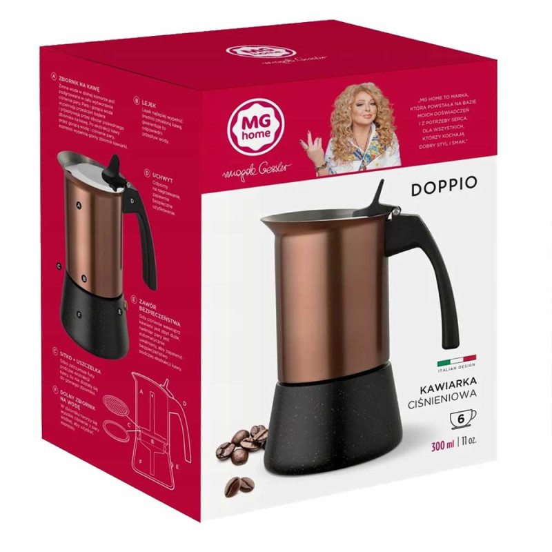 Kawiarka tradycyjna 300 ml MG Home Doppio zaparzacz ciśnieniowy do kawy na 6 filiżanek espresso Rose Gold