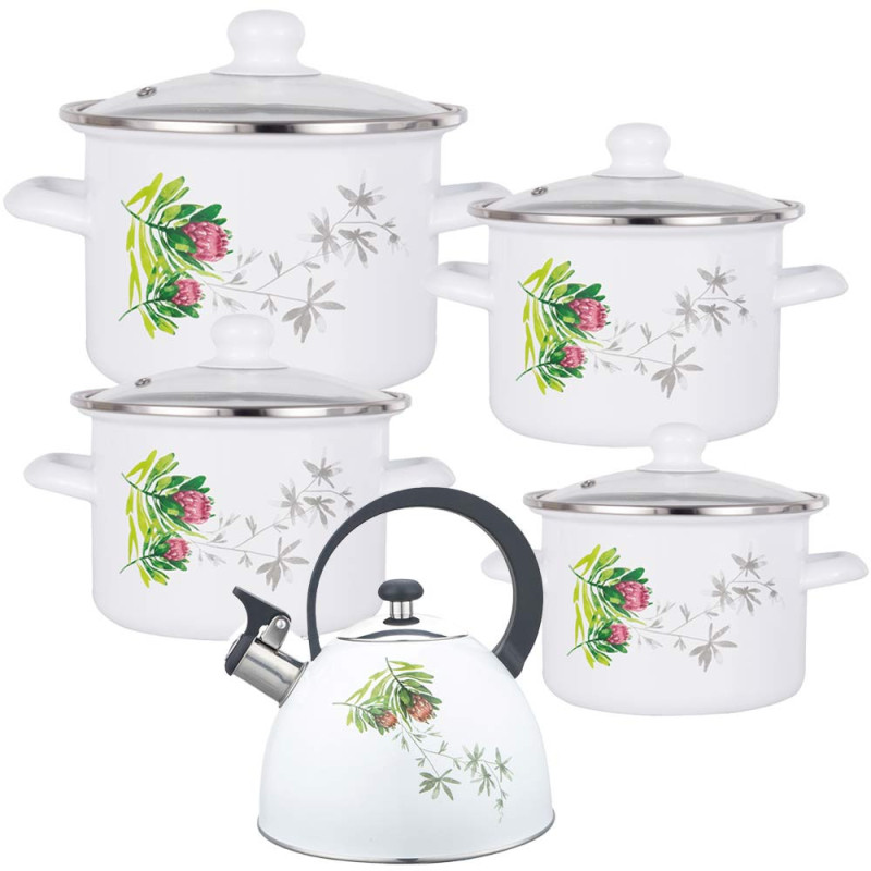 Garnki emaliowane proste 2/2.65/3.75/4.8 L zestaw 4 sztuk z czajnikiem 2.5 L Protea Florina
