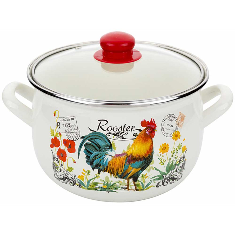 Garnki emaliowane 2.1/2.9/4/5 L zestaw 4 sztuk z pokrywkami Pyza Kogucik Florina