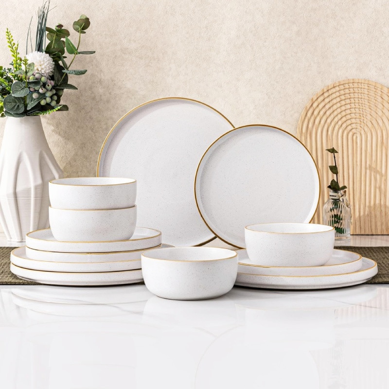 Serwis obiadowy porcelanowy MG Home Artena 34 elementów zestaw talerzy filiżanek dla 6 osób nakrapiany