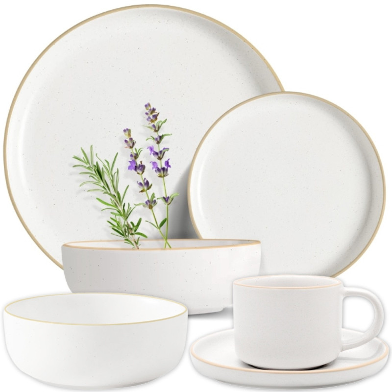 Serwis obiadowy porcelanowy MG Home Artena 42 elementy zestaw talerzy filiżanek misek dla 6 osób nakrapiany