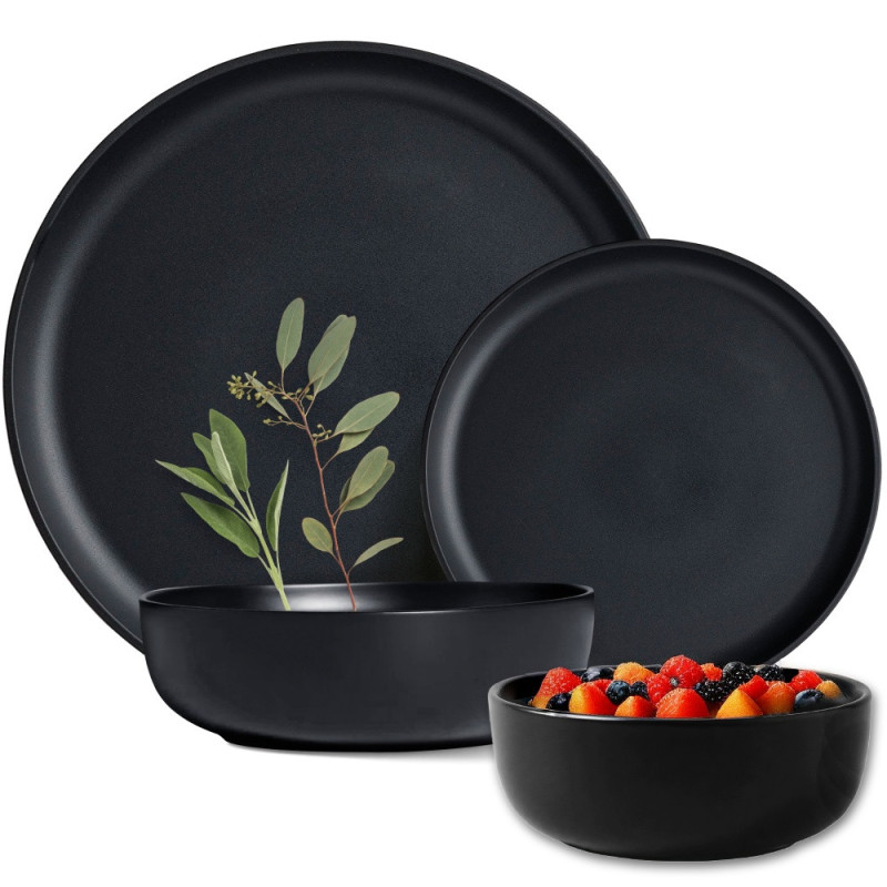 Serwis obiadowy porcelanowy MG Home Artena 26 elementów zestaw talerzy misek dla 6 osób czarny