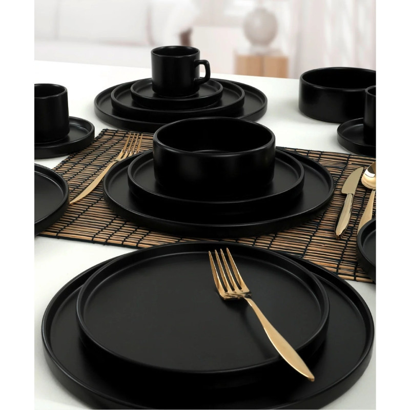 Serwis obiadowy porcelanowy MG Home Artena 32 elementy zestaw talerzy kubków misek dla 6 osób czarny