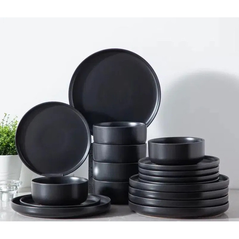 Serwis obiadowy porcelanowy MG Home Artena 32 elementy zestaw talerzy kubków misek dla 6 osób czarny