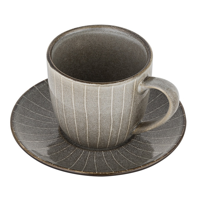 Filiżanki porcelanowe Florina Stripes Gray 250 ml ze spodkami do kawy herbaty zestaw szare