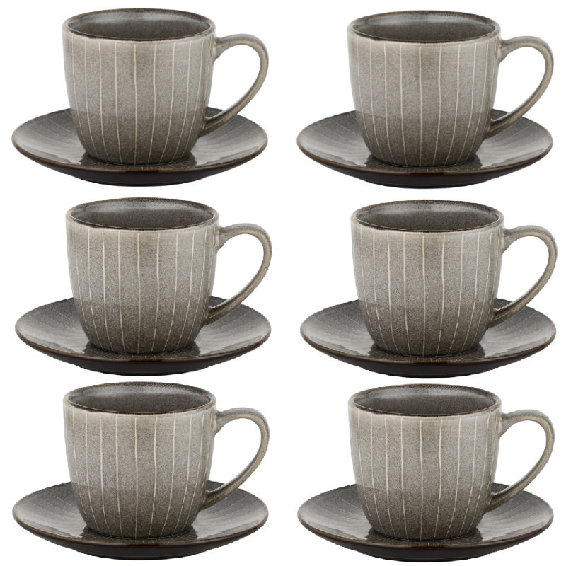 Filiżanki porcelanowe Florina Stripes Gray 250 ml ze spodkami do kawy herbaty zestaw szare