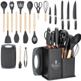 Zestaw noży kuchennych w bloku z przyborami i deską komplet 19 el czarny Elitehoff E 6069