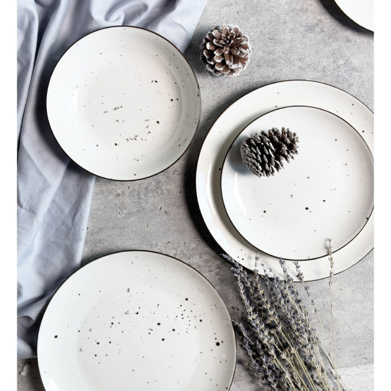 Serwis obiadowy porcelanowy MG Home Gemma 12 elementów zestaw talerzy dla 4 osób biały nakrapiany