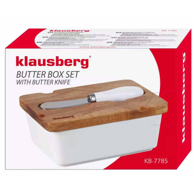 Maselniczka ceramiczna z nożykiem do smarowania biała z drewnianą pokrywą pojemnik na masło Klausberg KB 7785
