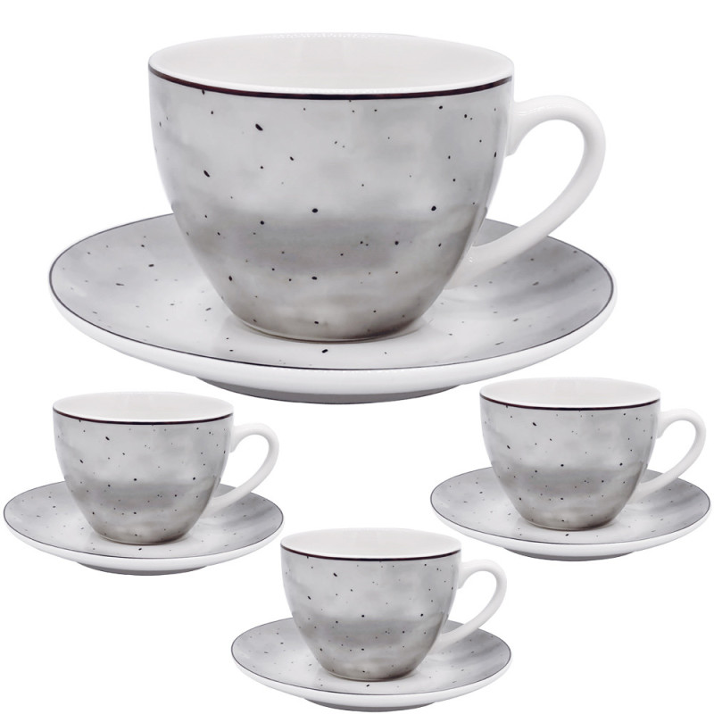 Serwis kawowy porcelanowy MG Home Antico 8 elementów zestaw filiżanek 240 ml ze spodkami dla 4 osób szary nakrapiany