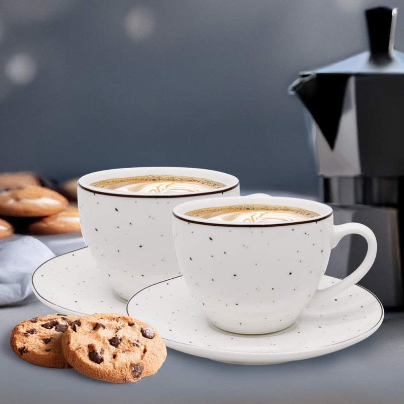 Serwis kawowy porcelanowy MG Home Gemma 8 elementów zestaw filiżanek 240 ml ze spodkami dla 4 osób biały nakrapiany