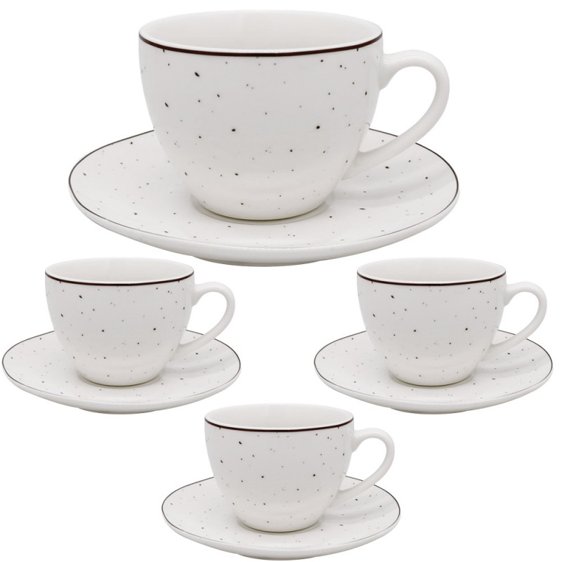 Serwis kawowy porcelanowy MG Home Gemma 8 elementów zestaw filiżanek 240 ml ze spodkami dla 4 osób biały nakrapiany
