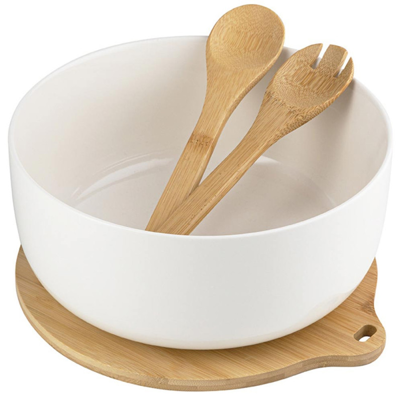 Misa do sałaty biała porcelanowa z zestawem stalowych łyżek z drewnianymi uchwytami i postawką Florina Adria