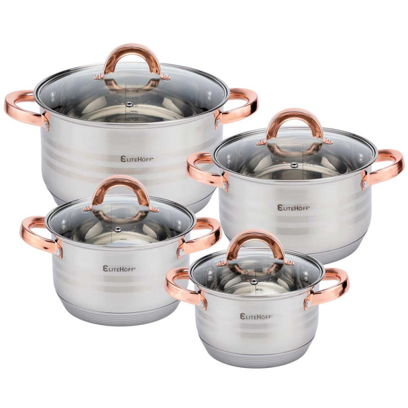 Garnki stalowe 16/18/20/24 cm zestaw 8 elementowy Elitehoff E 4611 uchwyty Rose Gold indukcja gaz