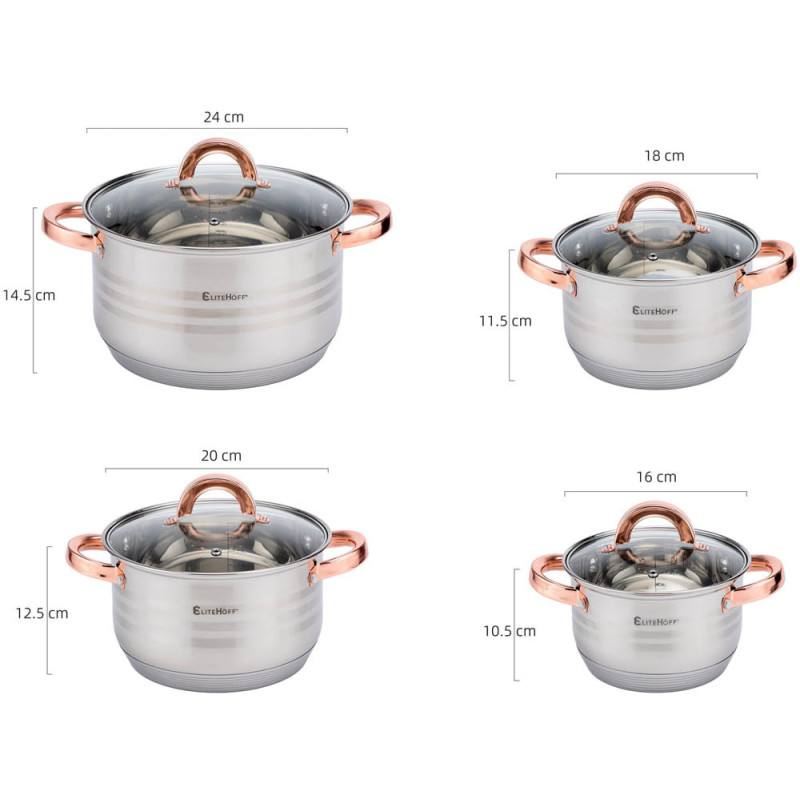 Garnki stalowe 16/18/20/24 cm zestaw 8 elementowy Elitehoff E 4611 uchwyty Rose Gold indukcja gaz