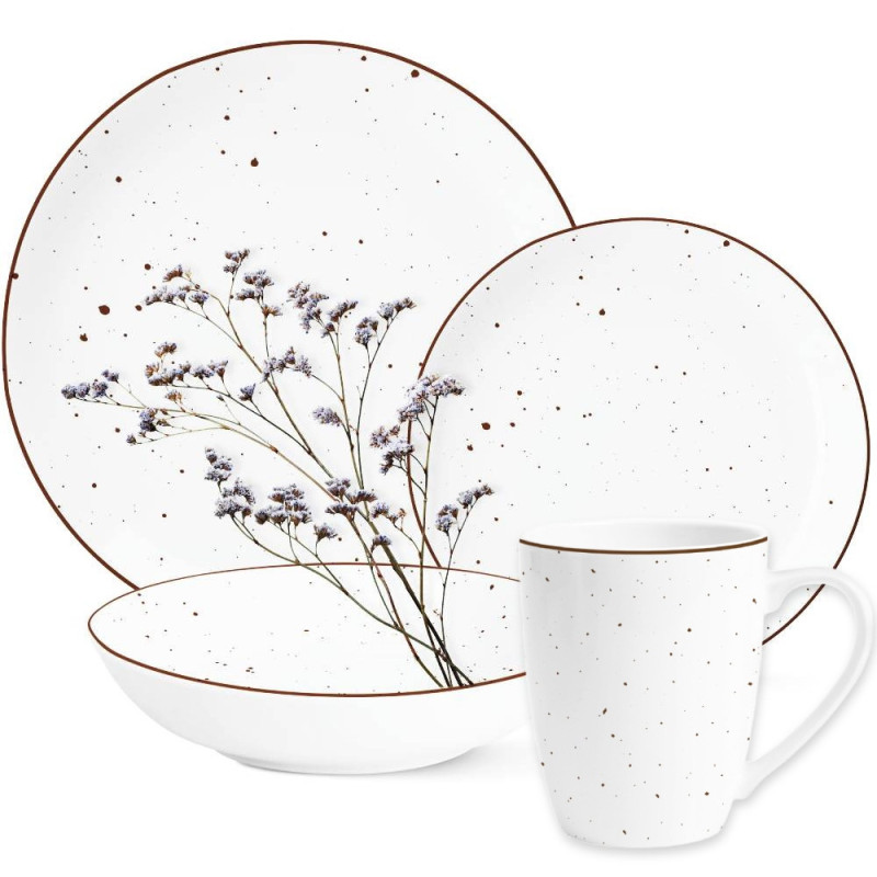 Serwis obiadowy porcelanowy MG Home Gemma 24 elementy zestaw talerzy kubków dla 6 osób biały nakrapiany