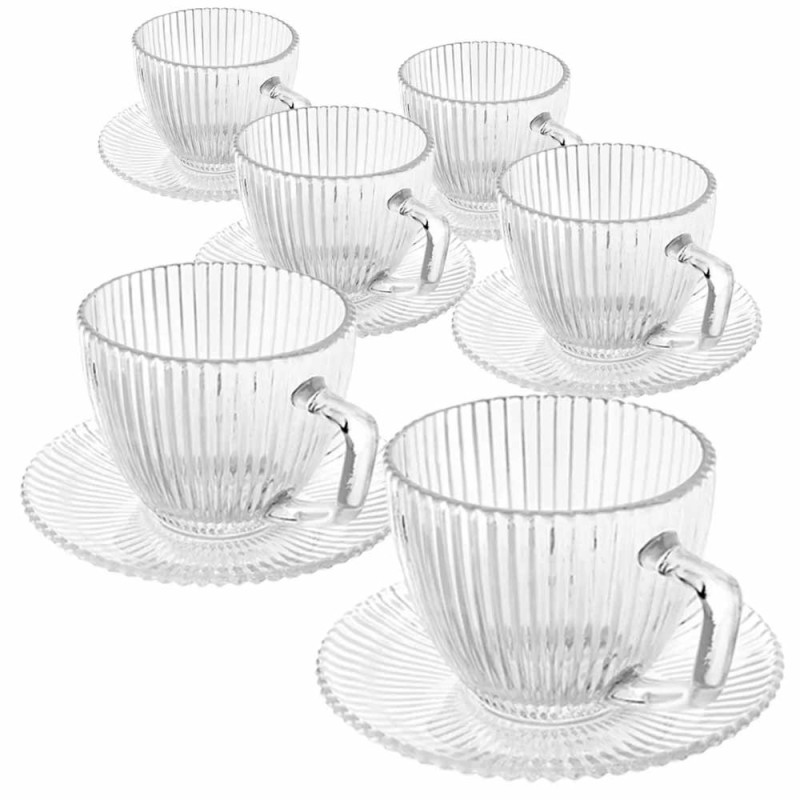 Serwis kawowy szklany na 6 osób filiżanka ze spodkiem 250 ml Altom Selena zestaw 6 sztuk szkło ryflowane