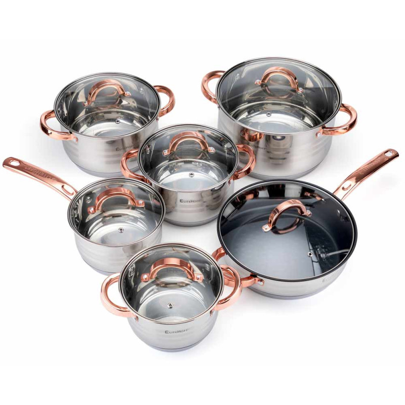 Garnki stalowe 16/16/18/20/24/24 cm zestaw 12 elementowy patelnia rondel Elitehoff E 4403 uchwyty Rose Gold indukcja gaz