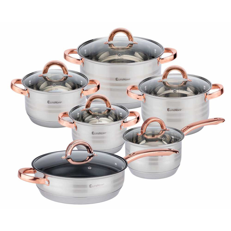 Garnki stalowe 16/16/18/20/24/24 cm zestaw 12 elementowy patelnia rondel Elitehoff E 4403 uchwyty Rose Gold indukcja gaz