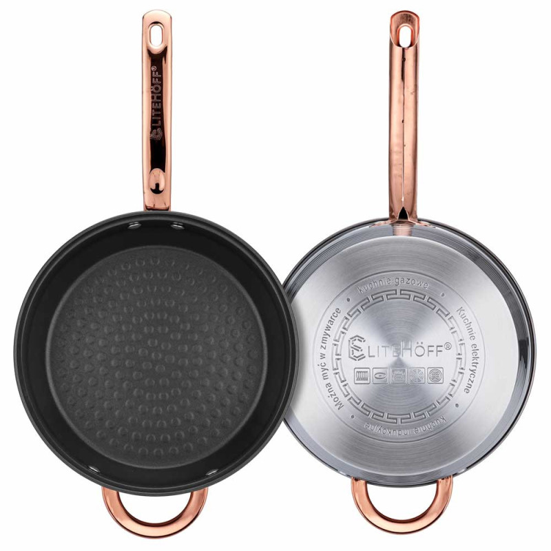 Garnki stalowe 16/16/18/20/24/24 cm zestaw 12 elementowy patelnia rondel Elitehoff E 4403 uchwyty Rose Gold indukcja gaz