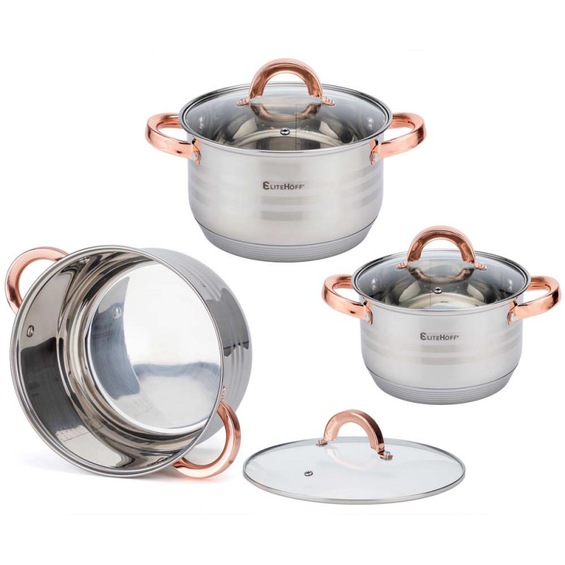 Garnki stalowe 16/16/18/20/24/24 cm zestaw 12 elementowy patelnia rondel Elitehoff E 4403 uchwyty Rose Gold indukcja gaz